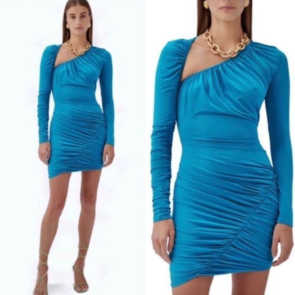 Ronny Kobo Trista Mini Dress Elegant Teal Ruched Bodycon Dress Size Small